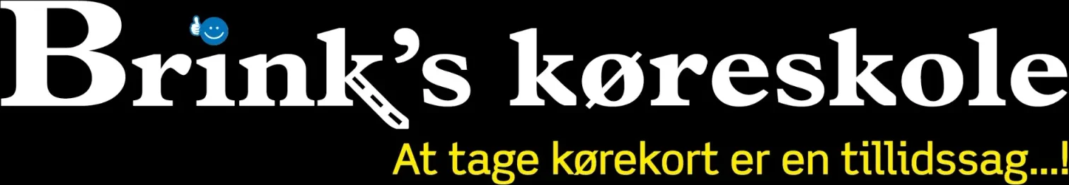 Brink's køreskole-logo med blå smiley og gul tagline på sort baggrund